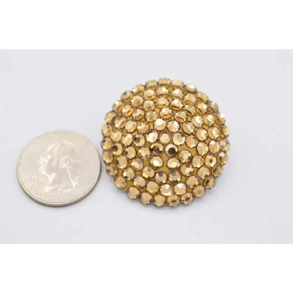 Vintage Crystal Clip Earrings Sparkling Brown Rhinestone Round Chunky 1980s 9L